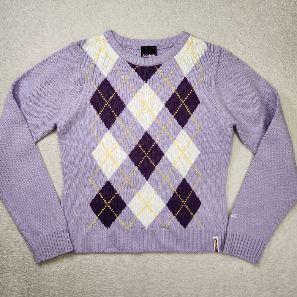 Southpole Women's XL Argyle Sweater Crew Neck Knit Pullover Lavender Gold